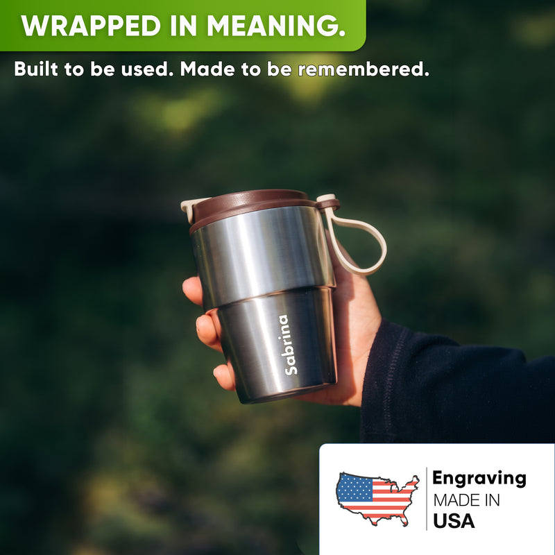 Stainless Steel Insulated Travel Mug for Coffee & Tea with Engraved Name – Brown, 12 oz, view 1