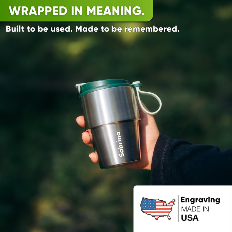 Stainless Steel Insulated Travel Mug for Coffee & Tea with Engraved Name – Dark Green, 12 oz, view 1