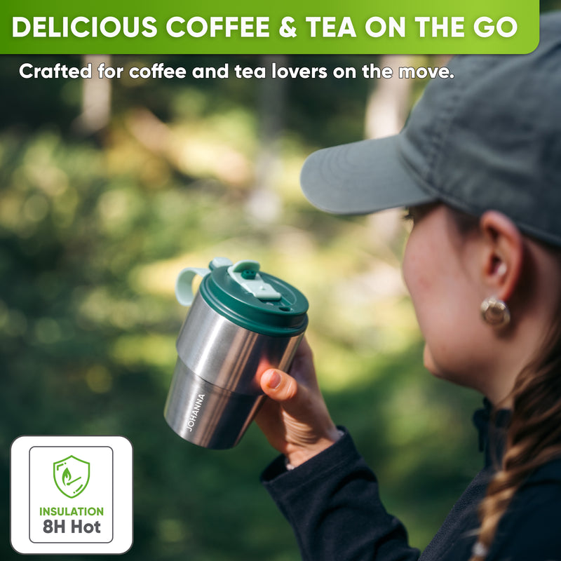 Stainless Steel Insulated Travel Mug for Coffee & Tea with Engraved Name – Dark Green, 12 oz, view 2