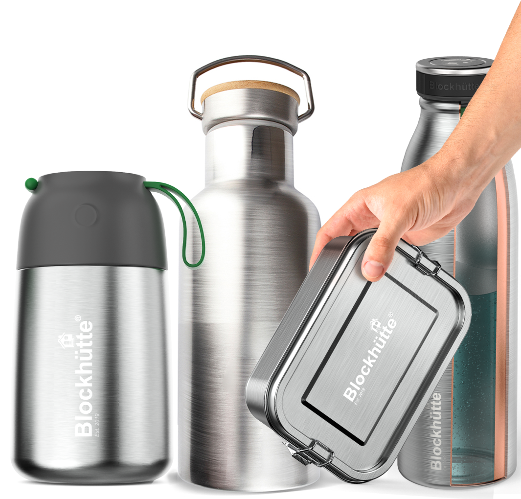Blockhütte lunch box, water bottle and food jar with an engraved company logo