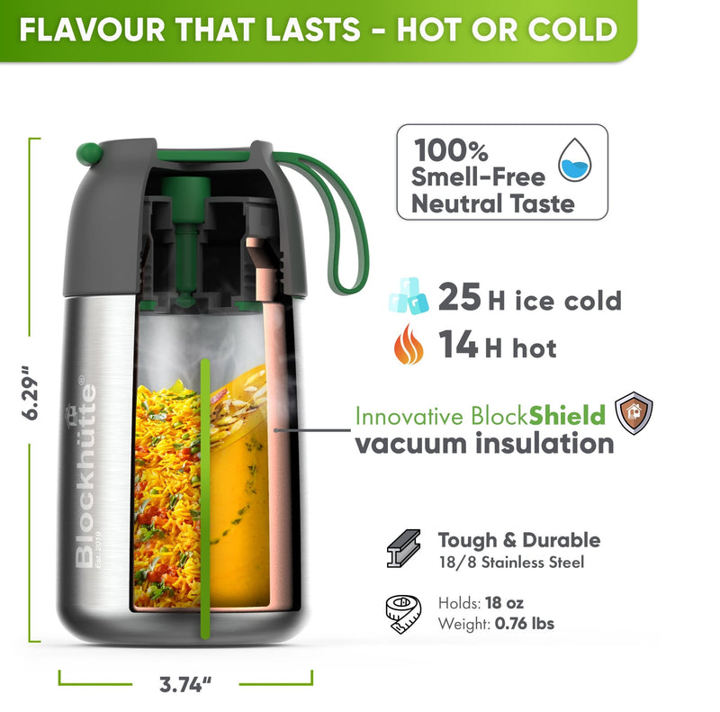 Cutaway diagram of the 18 oz food jar with rice and soup inside: 6.29 in tall, 3.74 in wide, 0.76 lb, 14 hours hot
