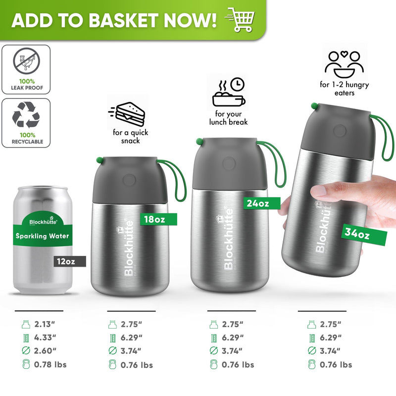 Size chart: 18, 24 and 34 oz food jars beside a 12 oz can, each printed 2.75 in opening, 6.29 in tall, 3.74 in wide, 0.76 lb