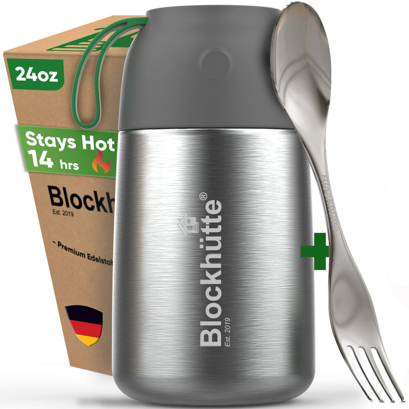 Insulated food jar, 24 oz size, stainless steel with gray lid, shown with its cardboard box and a spork