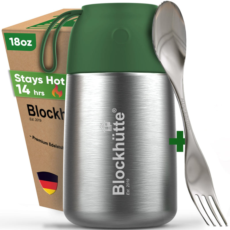 Insulated food jar with dark green lid, 18 oz, closed, next to its box reading Stays Hot 14 hrs, with a steel spork