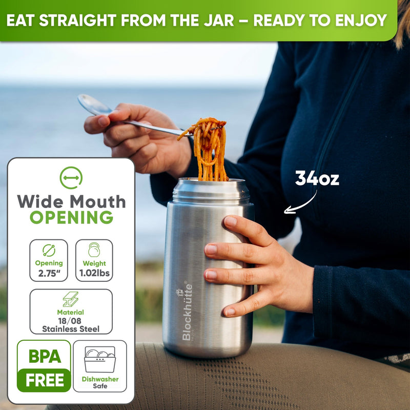 Person by the sea eating spaghetti from an open 34 oz steel food jar; wide mouth 2.75 in, 1.02 lb, 18/8 stainless steel