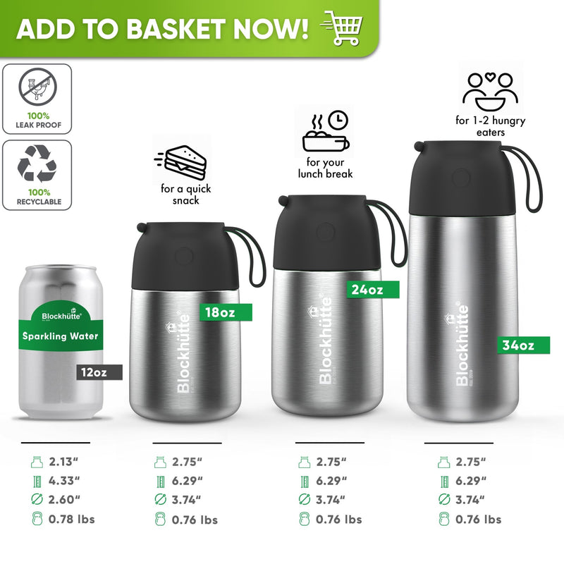 Size chart: 18, 24 and 34 oz food jars with black lids next to a 12 oz can; 2.75 in opening, 6.29 in tall, 0.76 lb