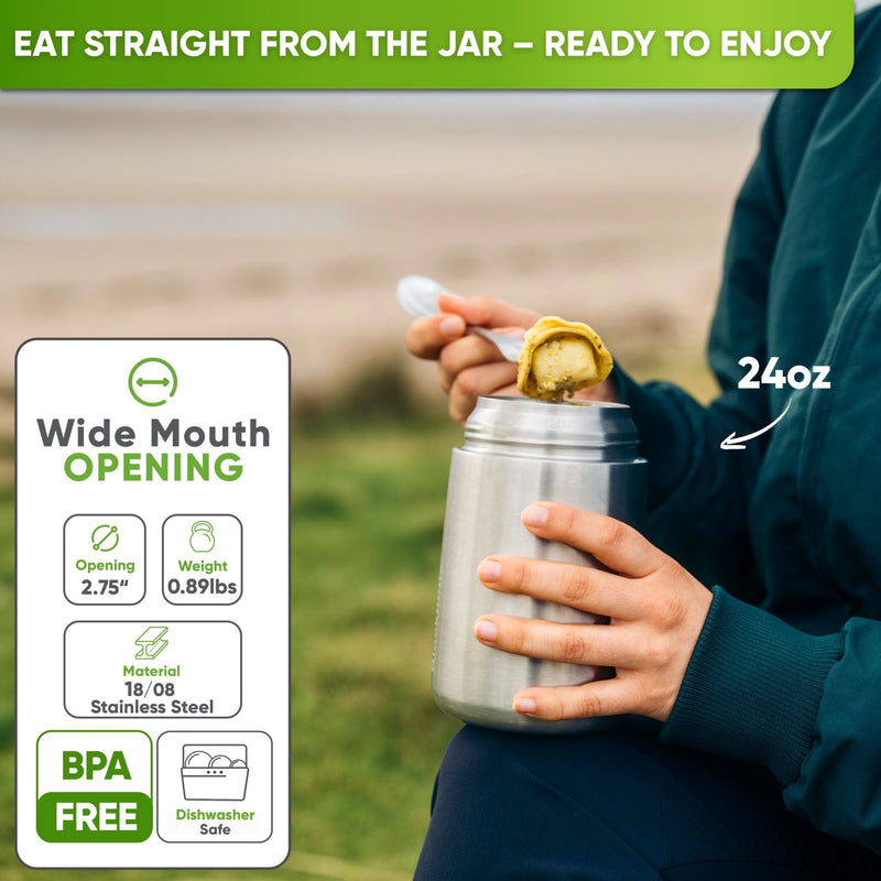 Person outdoors lifting food by spoon from an open 24 oz steel food jar; wide mouth 2.75 in, 0.89 lb, 18/8 steel, BPA free