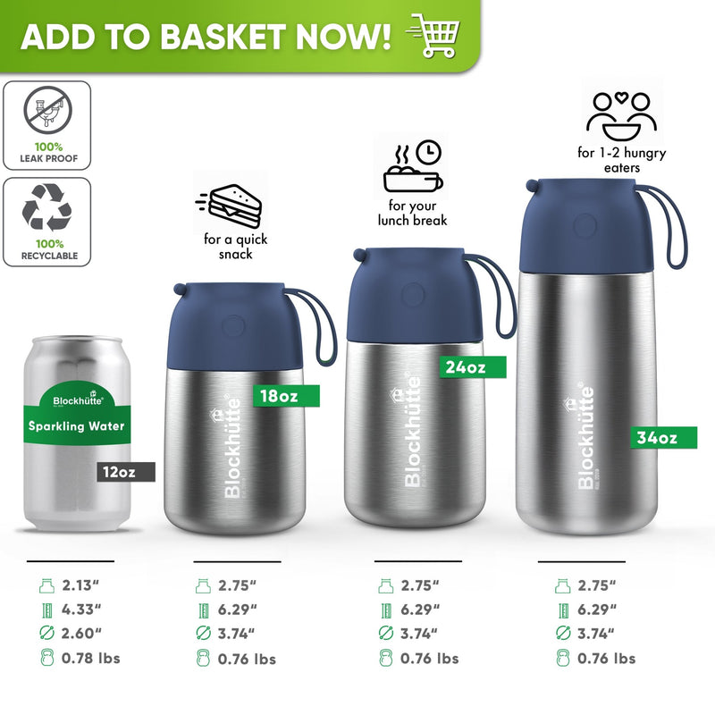 Size chart: 18, 24 and 34 oz food jars with dark blue lids next to a 12 oz can; 2.75 in opening, 6.29 in tall, 0.76 lb