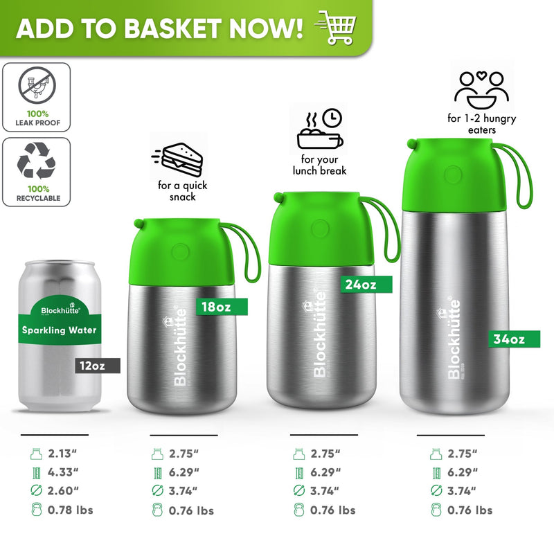 Size chart: 18, 24 and 34 oz food jars with bright green lids next to a 12 oz can; 2.75 in opening, 6.29 in tall, 0.76 lb
