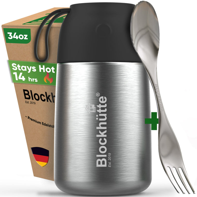 Insulated food jar with black lid, 34 oz, closed, next to its box reading Stays Hot 14 hrs, with a stainless steel spork