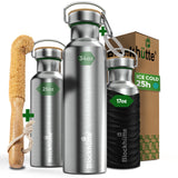 Three Blockhütte steel bottles, 17, 25 and 34 oz, with bamboo caps; the 17 oz in a black silicone sleeve, with bottle brush, carabiner and box