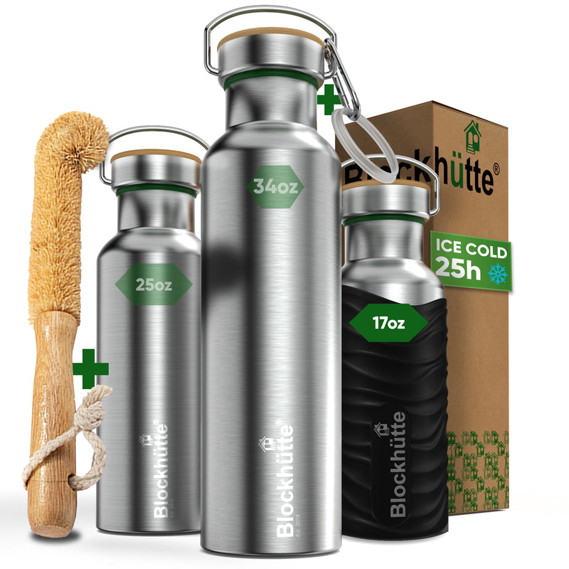 Three Blockhütte steel bottles, 17, 25 and 34 oz, with bamboo caps; the 17 oz in a black silicone sleeve, with bottle brush, carabiner and box