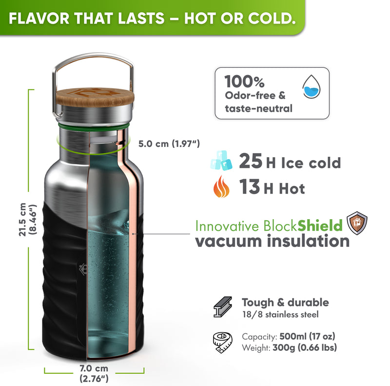 Cutaway of the 17 oz bottle in a black silicone sleeve: 8.46 in tall, 2.76 in wide, 1.97 in opening, 25 h ice cold, 13 h hot, 18/8 stainless steel, 0.66 lbs, bamboo cap