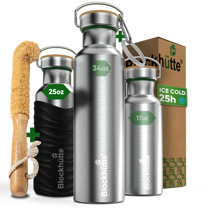 Three Blockhütte steel bottles, 17, 25 and 34 oz, with bamboo caps; the 25 oz in a black silicone sleeve, with bottle brush, carabiner and box