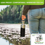 Person in jeans and a knit sweater by a lake, carrying the 25 oz bottle in a black silicone sleeve by the cap handle; inset: caps with replacement seals
