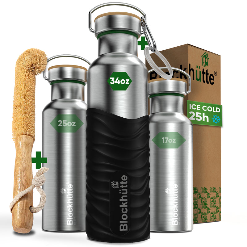 Three Blockhütte steel bottles, 17, 25 and 34 oz, with bamboo caps; the 34 oz in a black silicone sleeve, with bottle brush, carabiner and box