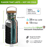 Cutaway of the 34 oz bottle in a black silicone sleeve: 12.40 in tall, 3.35 in wide, 1.97 in opening, 25 h ice cold, 13 h hot, 18/8 stainless steel, 1.08 lbs, bamboo cap