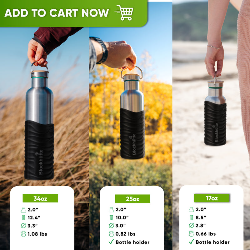 Hands holding the 34, 25 and 17 oz bottles in black silicone sleeves outdoors, each with a card listing height, width, opening and weight