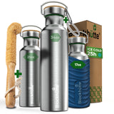 Three Blockhütte steel bottles, 17, 25 and 34 oz, with bamboo caps; the 17 oz in a blue silicone sleeve, with bottle brush, carabiner and box