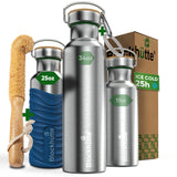 Three Blockhütte steel bottles, 17, 25 and 34 oz, with bamboo caps; the 25 oz in a blue silicone sleeve, with bottle brush, carabiner and box
