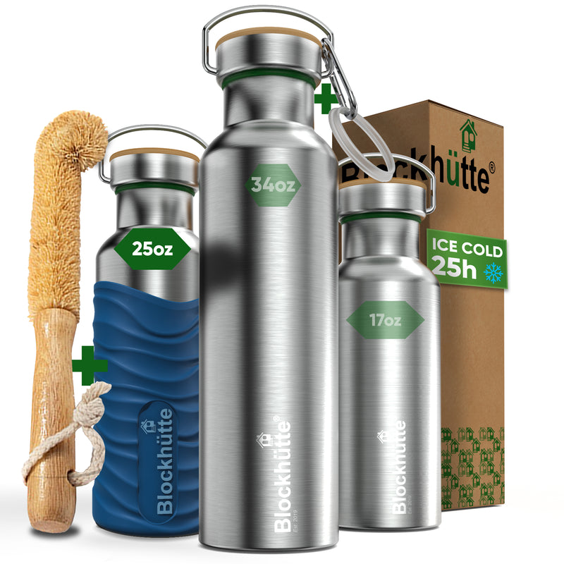 Three Blockhütte steel bottles, 17, 25 and 34 oz, with bamboo caps; the 25 oz in a blue silicone sleeve, with bottle brush, carabiner and box