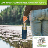 Person in jeans and a knit sweater by a lake, carrying the 25 oz bottle in a blue silicone sleeve by the cap handle; inset: caps with replacement seals