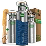 Three Blockhütte steel bottles, 17, 25 and 34 oz, with bamboo caps; the 34 oz in a blue silicone sleeve, with bottle brush, carabiner and box