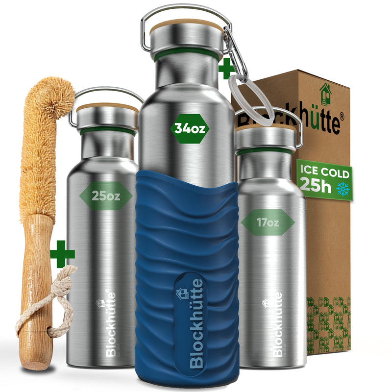 Three Blockhütte steel bottles, 17, 25 and 34 oz, with bamboo caps; the 34 oz in a blue silicone sleeve, with bottle brush, carabiner and box
