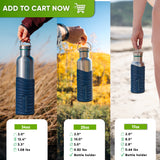 Hands holding the 34, 25 and 17 oz bottles in blue silicone sleeves outdoors, each with a card listing height, width, opening and weight