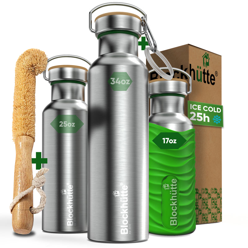 Three Blockhütte steel bottles, 17, 25 and 34 oz, with bamboo caps; the 17 oz in a bright green silicone sleeve, with bottle brush, carabiner and box