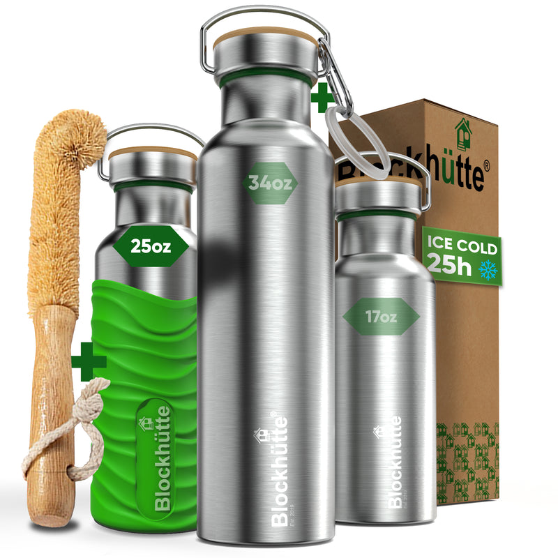 Three Blockhütte steel bottles, 17, 25 and 34 oz, with bamboo caps; the 25 oz in a bright green silicone sleeve, with bottle brush, carabiner and box
