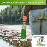 Person in jeans and a knit sweater by a lake, carrying the 25 oz bottle in a bright green silicone sleeve by the cap handle; inset: caps with replacement seals