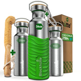 Three Blockhütte steel bottles, 17, 25 and 34 oz, with bamboo caps; the 34 oz in a bright green silicone sleeve, with bottle brush, carabiner and box