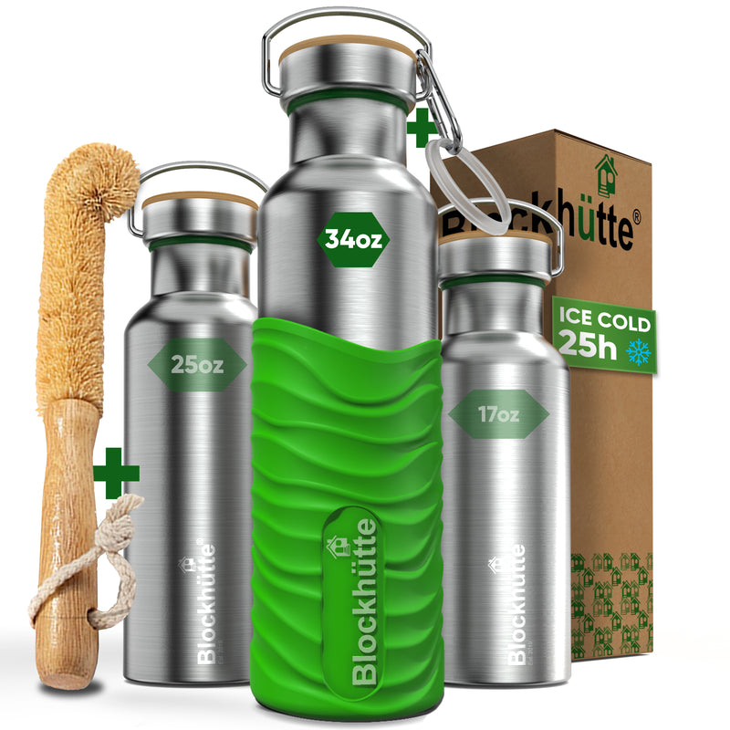 Three Blockhütte steel bottles, 17, 25 and 34 oz, with bamboo caps; the 34 oz in a bright green silicone sleeve, with bottle brush, carabiner and box