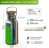 Cutaway of the 34 oz bottle in a bright green silicone sleeve: 12.40 in tall, 3.35 in wide, 1.97 in opening, 25 h ice cold, 13 h hot, 18/8 stainless steel, 1.08 lbs, bamboo cap