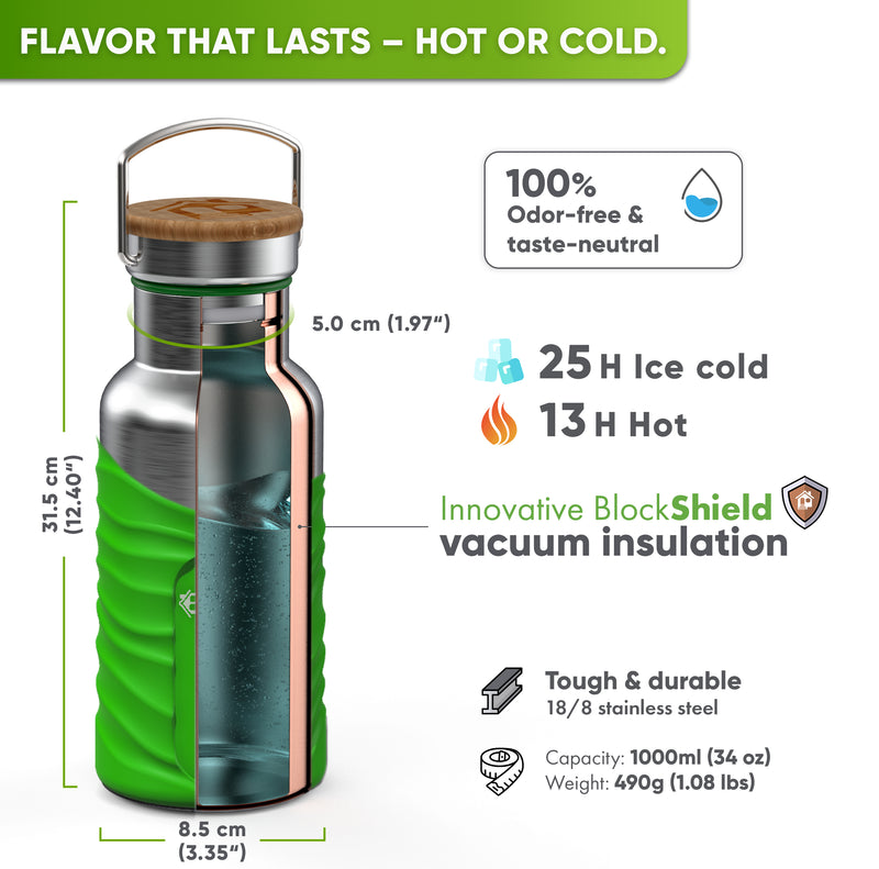 Cutaway of the 34 oz bottle in a bright green silicone sleeve: 12.40 in tall, 3.35 in wide, 1.97 in opening, 25 h ice cold, 13 h hot, 18/8 stainless steel, 1.08 lbs, bamboo cap