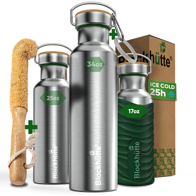 Three Blockhütte steel bottles, 17, 25 and 34 oz, with bamboo caps; the 17 oz in a dark green silicone sleeve, with bottle brush, carabiner and box
