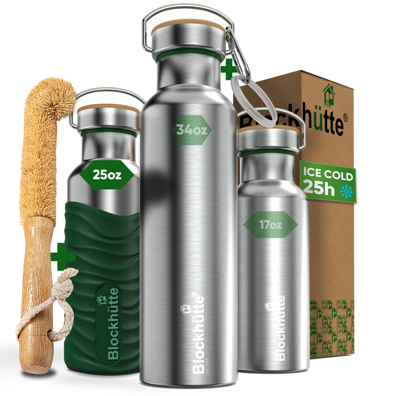 Three Blockhütte steel bottles, 17, 25 and 34 oz, with bamboo caps; the 25 oz in a dark green silicone sleeve, with bottle brush, carabiner and box
