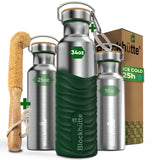 Three Blockhütte steel bottles, 17, 25 and 34 oz, with bamboo caps; the 34 oz in a dark green silicone sleeve, with bottle brush, carabiner and box