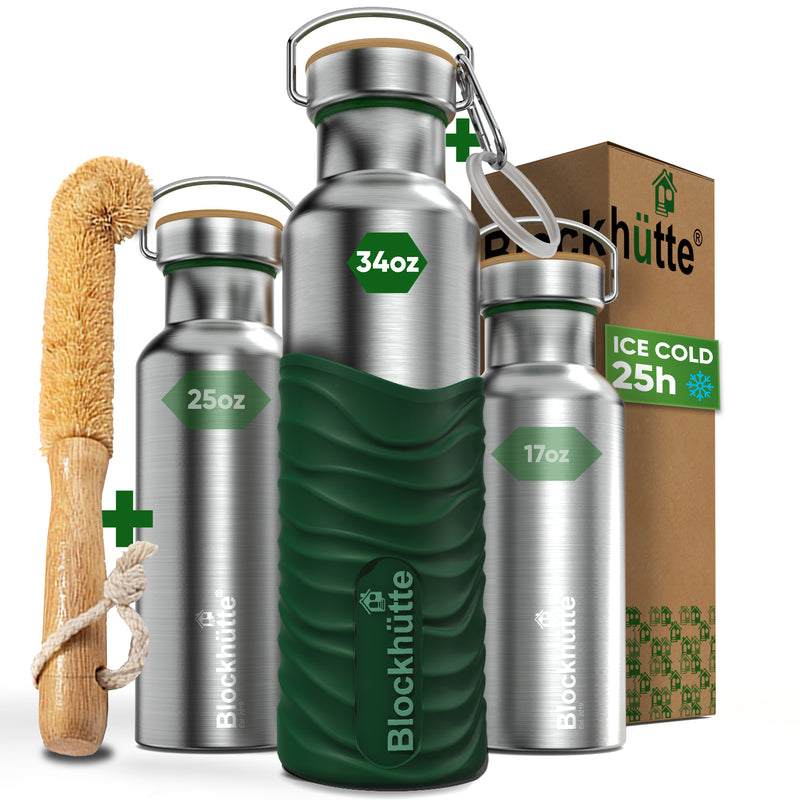 Three Blockhütte steel bottles, 17, 25 and 34 oz, with bamboo caps; the 34 oz in a dark green silicone sleeve, with bottle brush, carabiner and box