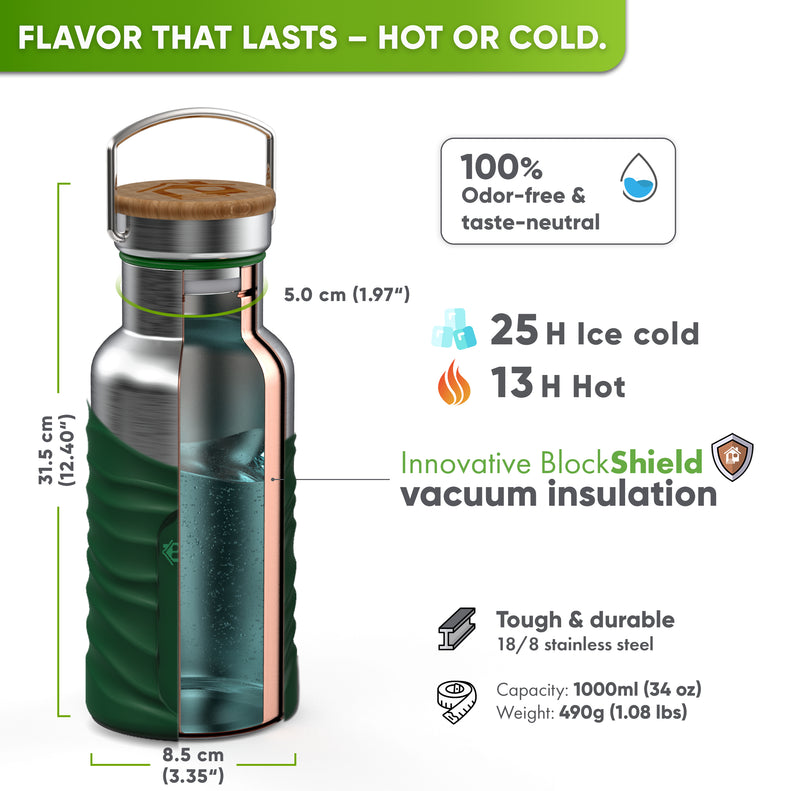 Cutaway of the 34 oz bottle in a dark green silicone sleeve: 12.40 in tall, 3.35 in wide, 1.97 in opening, 25 h ice cold, 13 h hot, 18/8 stainless steel, 1.08 lbs, bamboo cap