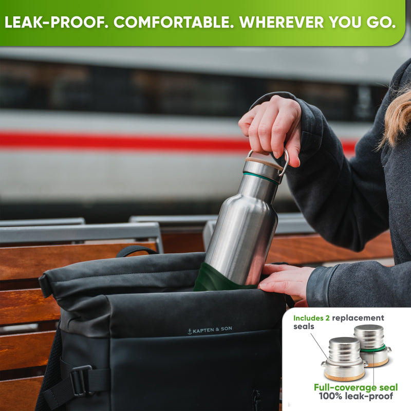 Woman sliding the 34 oz bottle in a dark green silicone sleeve into a black backpack on a train platform; inset: caps with replacement seals