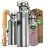 Three Blockhütte steel bottles, 17, 25 and 34 oz, with bamboo caps; the 17 oz in a pink silicone sleeve, with bottle brush, carabiner and box