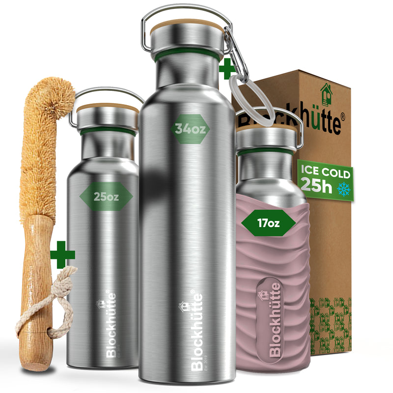 Three Blockhütte steel bottles, 17, 25 and 34 oz, with bamboo caps; the 17 oz in a pink silicone sleeve, with bottle brush, carabiner and box