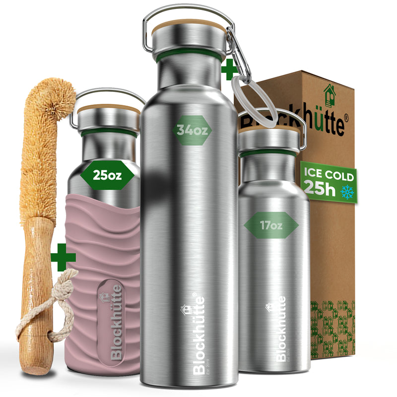 Three Blockhütte steel bottles, 17, 25 and 34 oz, with bamboo caps; the 25 oz in a pink silicone sleeve, with bottle brush, carabiner and box