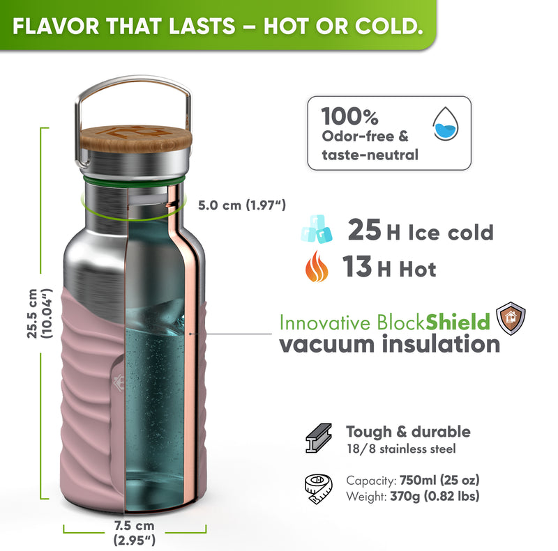 Cutaway of the 25 oz bottle in a pink silicone sleeve: 10.04 in tall, 2.95 in wide, 1.97 in opening, 25 h ice cold, 13 h hot, 18/8 stainless steel, 0.82 lbs, bamboo cap