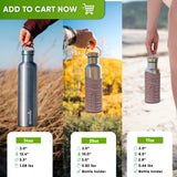 Hands holding a bare 34 oz bottle and the 25 and 17 oz bottles in pink silicone sleeves outdoors, each with a card listing height, width, opening and weight