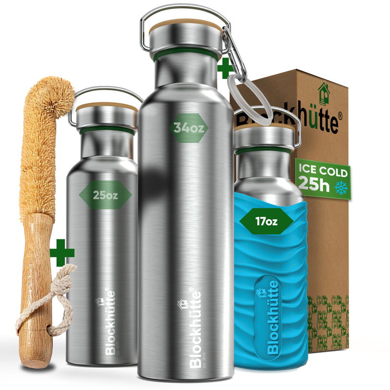 Three Blockhütte steel bottles, 17, 25 and 34 oz, with bamboo caps; the 17 oz in a turquoise silicone sleeve, with bottle brush, carabiner and box