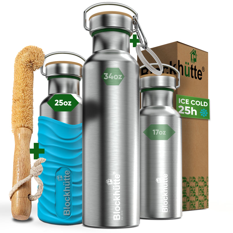 Three Blockhütte steel bottles, 17, 25 and 34 oz, with bamboo caps; the 25 oz in a turquoise silicone sleeve, with bottle brush, carabiner and box