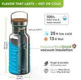 Cutaway of the 25 oz bottle in a turquoise silicone sleeve: 10.04 in tall, 2.95 in wide, 1.97 in opening, 25 h ice cold, 13 h hot, 18/8 stainless steel, 0.82 lbs, bamboo cap